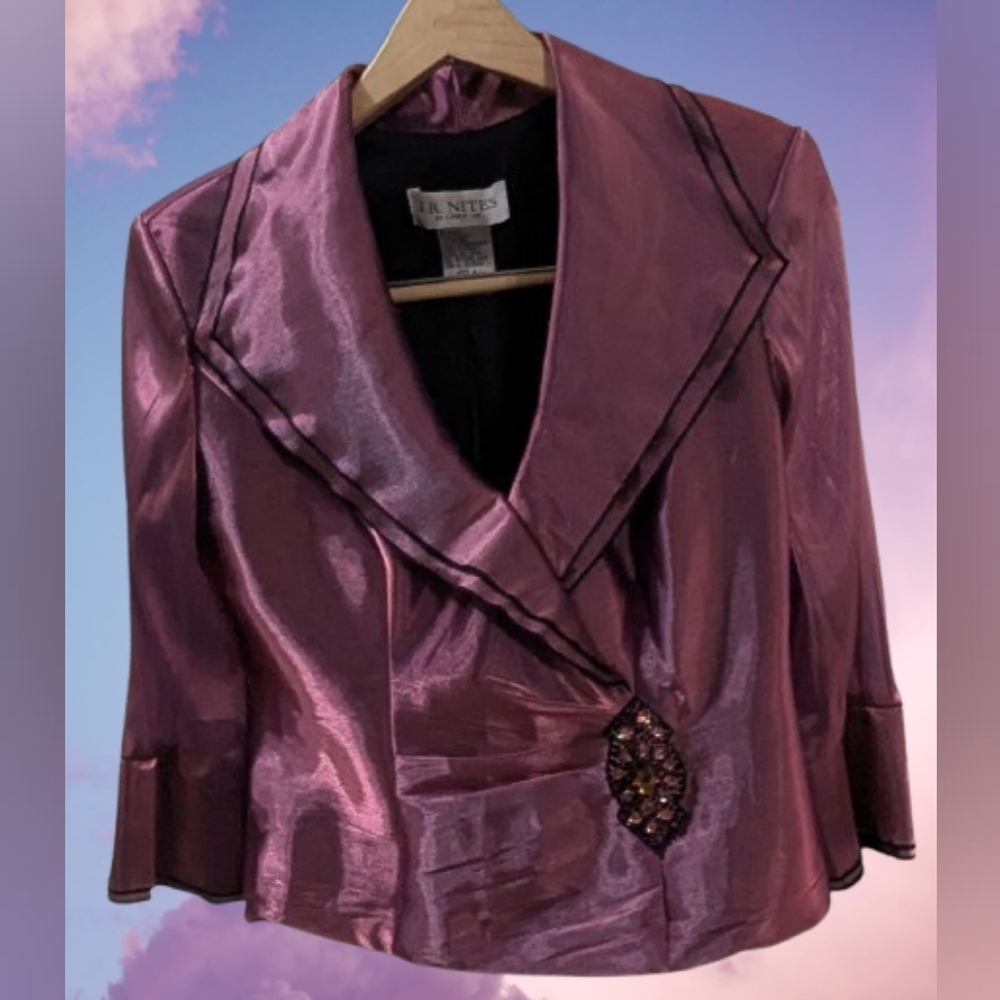 J R Nites by Carol Lin Satin Mauve Purple Pink Cross Jacket Blouse Ruffles Sz 6